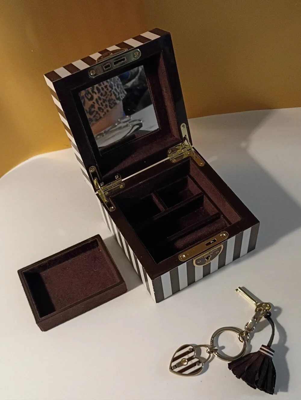 Henri Bendel Brown & White Striped Small Jewelry Box with Heart Tassel Keychain